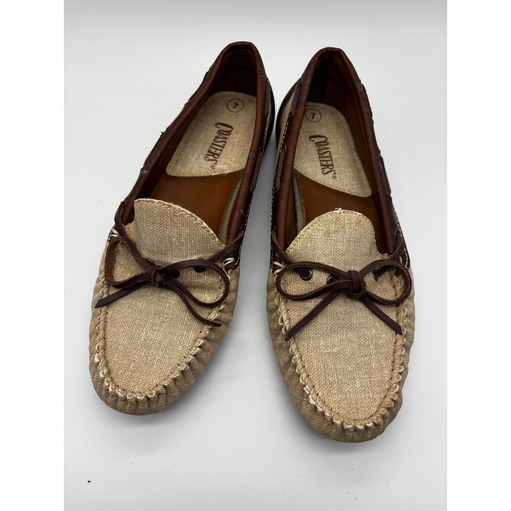 Coasters Boat Shoes Womens 7 Tan Brown Canvas‎ Loafers Preppy Nautical 6373 76